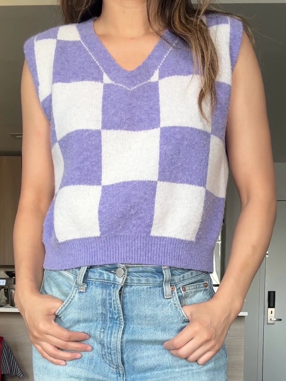 Lavender purple and cream checkered fuzzy knit sweater vest y2k preppy medium